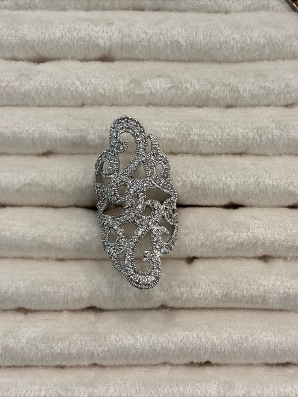 Silver Filigree Crystal Statement Ring - Women Jewelry Sz 5